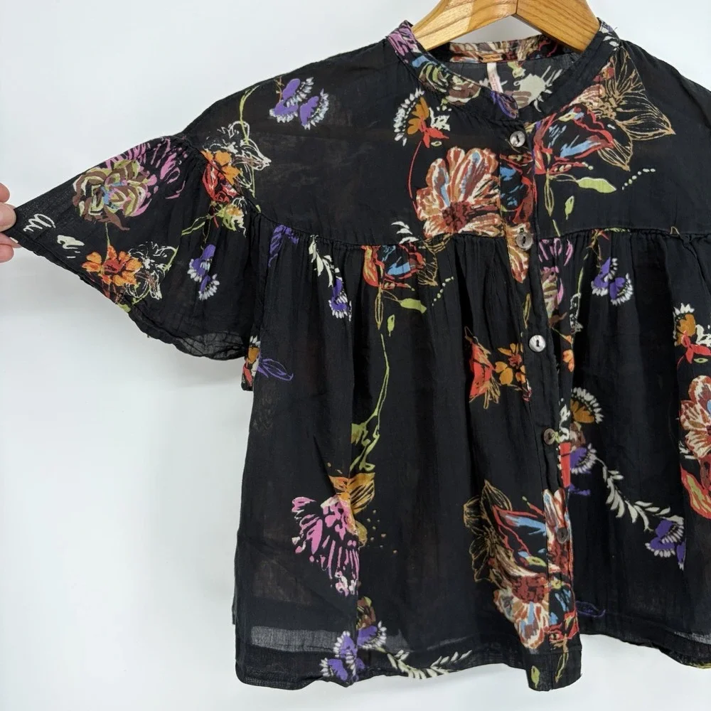 Free People Sweet Escape Top XS Black Floral Baby Doll Flutter Fairy Whimsical